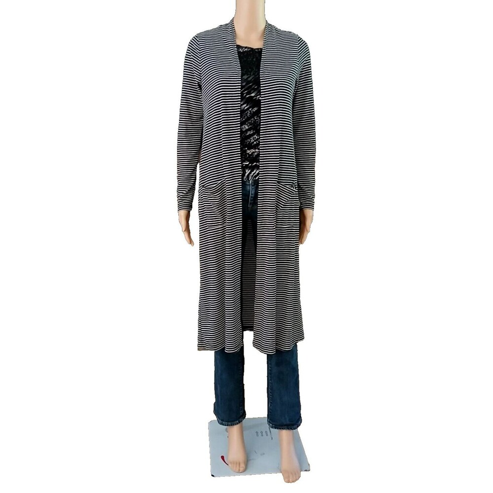 Kye Mi Women's Long Cardigan Open Front Lightweight Pockets Striped Flowy Jacket